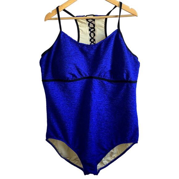 Just My Size Swimsuit Women Size 26W Blue Texured Ladder Back One Piece NEW * - Picture 1 of 6